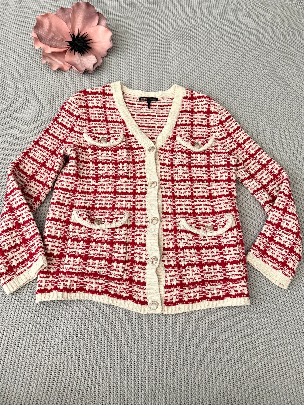 Maje Red White Tweed Jacket Cardigan Small